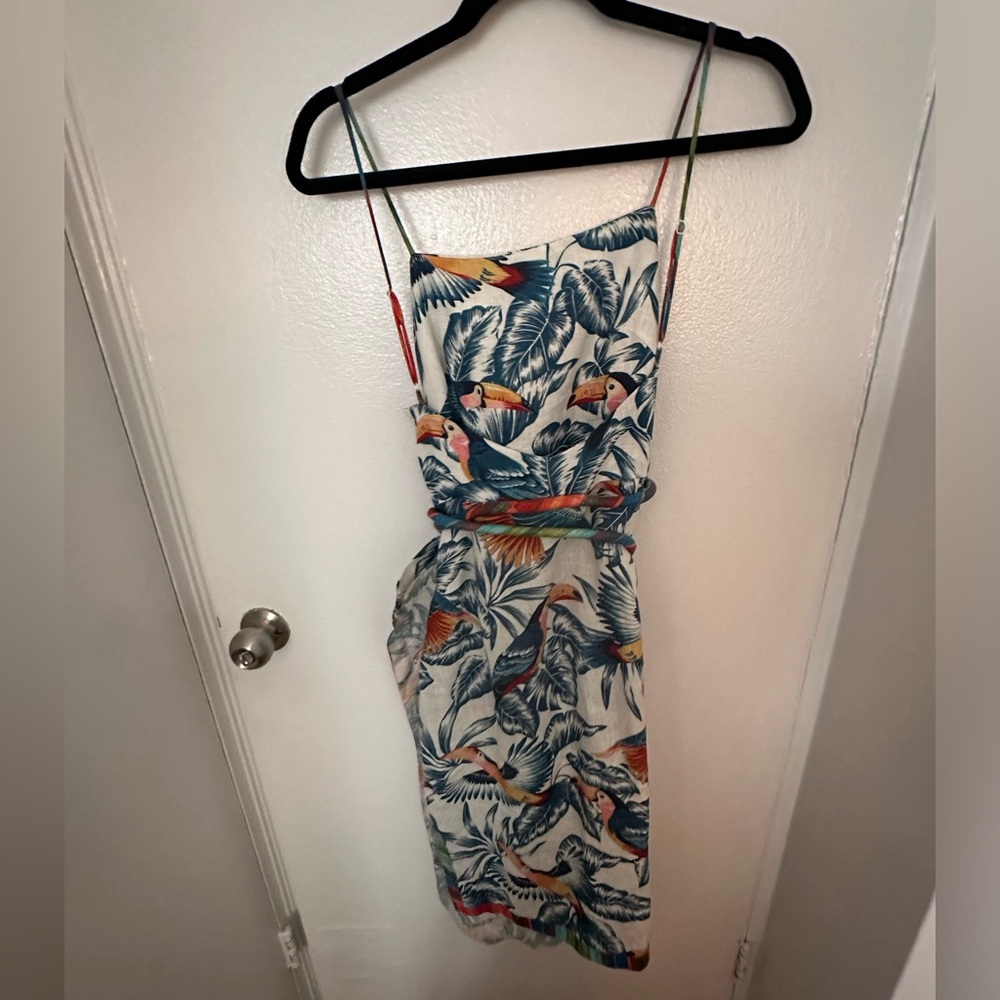 FARM Rio White Midi Dress with Blue, Orange and Green Tropical Toucan Print - Picture 2 of 3